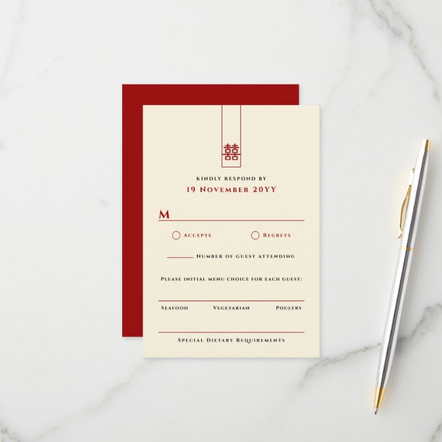 Tarjeta De Confirmación De Asistencia Alto Rectángulo doble felicidad Boda chino (Anverso/Reverso In Situ)