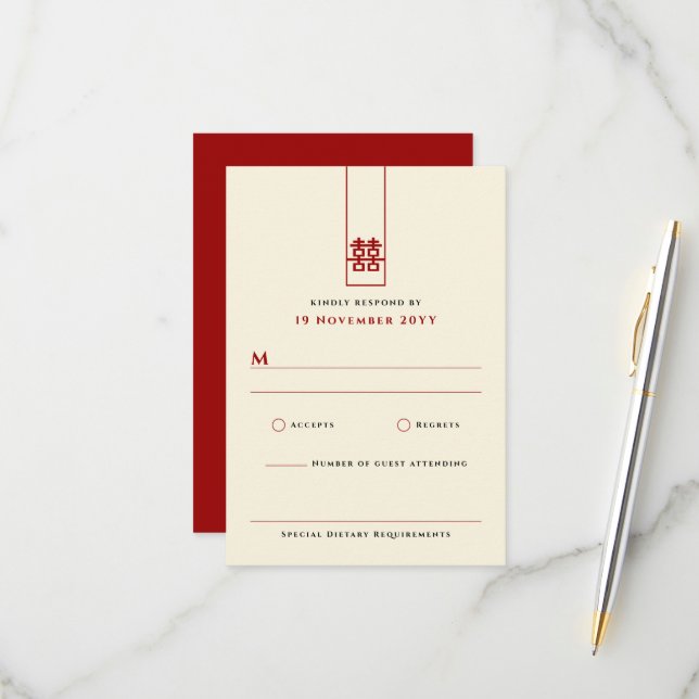 Tarjeta De Confirmación De Asistencia Alto Rectángulo doble felicidad Boda chino (Anverso/Reverso In Situ)