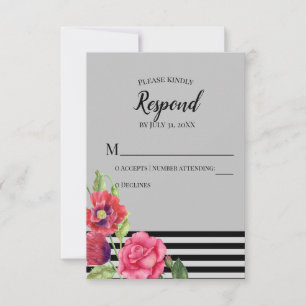 Tarjeta De Confirmación De Asistencia Amapolas Rojas Rosas Rosadas Rayas Boda