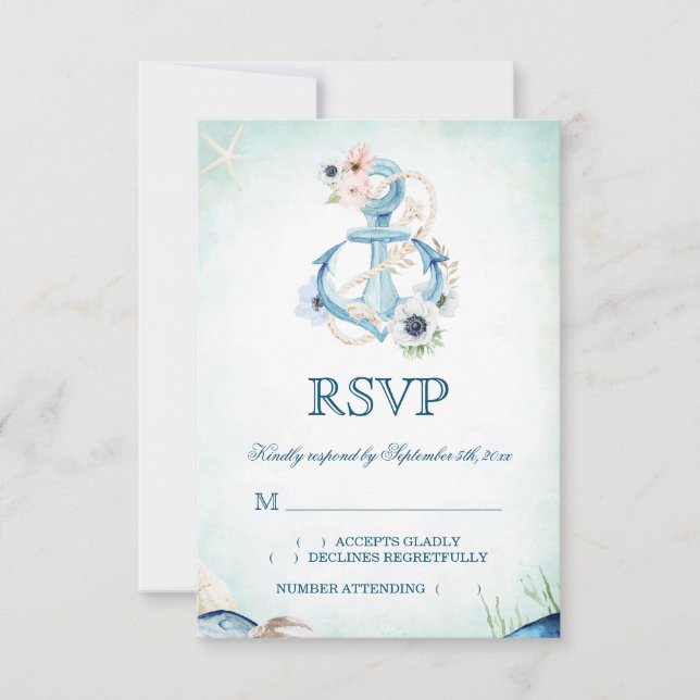 Tarjeta De Confirmación De Asistencia Anclaje acuático Flores Starfish Beach Wedding (Anverso)