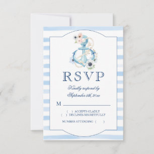 Tarjeta De Confirmación De Asistencia Anclaje floral acuarela franjas azules Boda