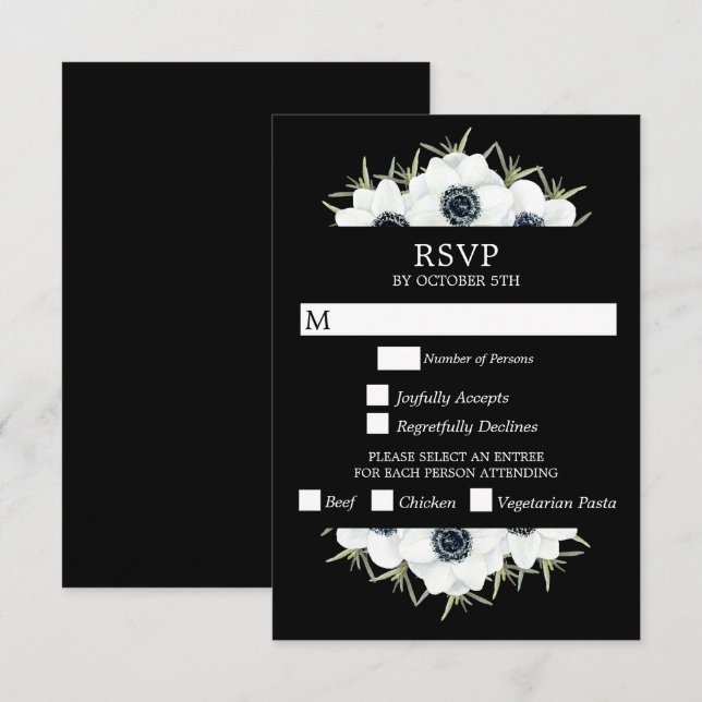 Tarjeta De Confirmación De Asistencia Anemones florales Boda blanco y negro (Anverso / Reverso)