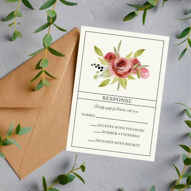 Tarjeta De Confirmación De Asistencia Antiguo Floral Rosa Evergreen Botánico (Subido por el creador)