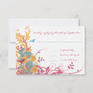 Tarjeta De Confirmación De Asistencia Aqua Beeswax Raspberry Boda de aves de flores silv
