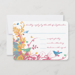 Tarjeta De Confirmación De Asistencia Aqua Beeswax Raspberry Boda de aves de flores silv
