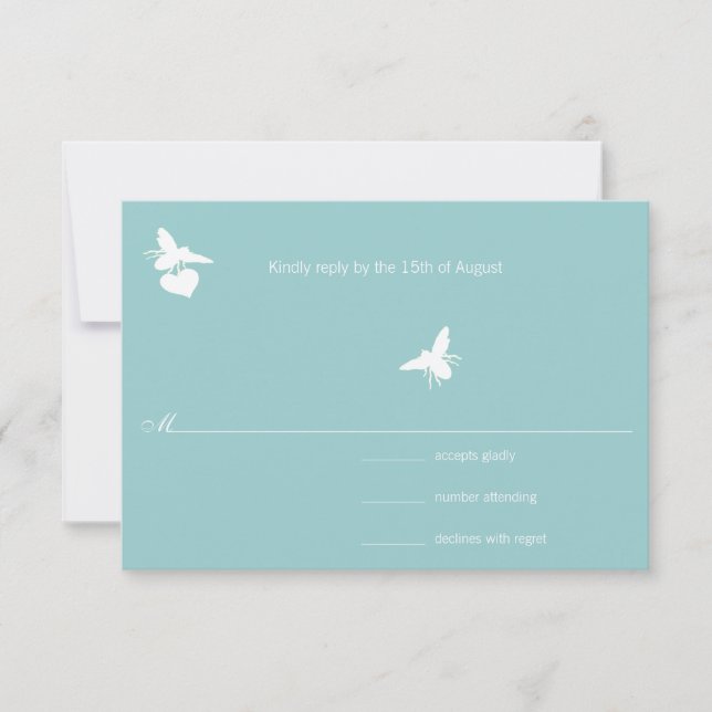 Tarjeta De Confirmación De Asistencia Aqua Blue Bumble Bee Heart Boda (Anverso)