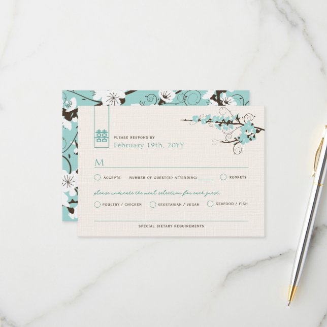 Tarjeta De Confirmación De Asistencia Aqua Cherry Blossoms Sakura Swirls Boda asiático (Anverso/Reverso In Situ)
