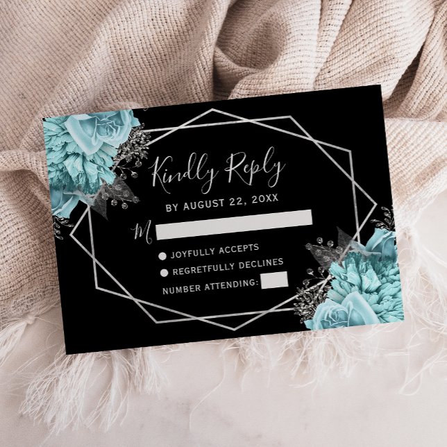 Tarjeta De Confirmación De Asistencia Aqua Silver Floral Geometric Black (Subido por el creador)