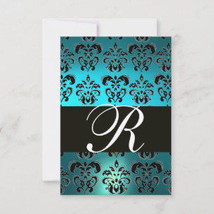 Tarjeta De Confirmación De Asistencia AQUA verde azulada AQUA AZUL NEGRO DAMASK MONOGRAM