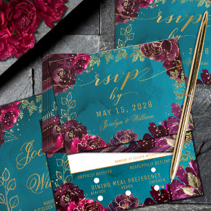 Tarjeta De Confirmación De Asistencia Aqua Verde azulado Merlot Jewel Tone Gold Meal Cho