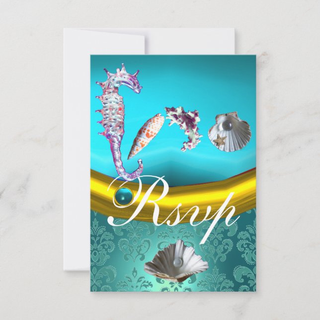 TARJETA DE CONFIRMACIÓN DE ASISTENCIA AQUAMARINE AZUL DAMASK BEACH BODA MONOGRAM (Anverso)