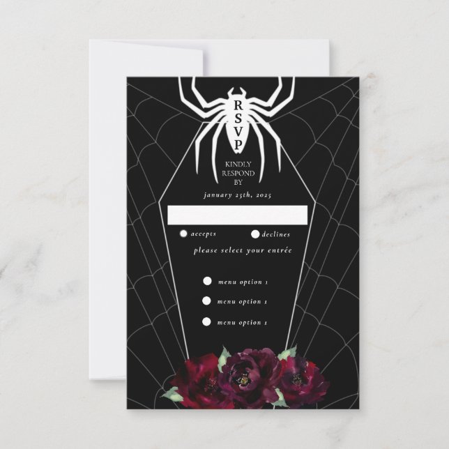 Tarjeta De Confirmación De Asistencia Araña gótica Coffin de la Web Blanco Negro (Anverso)