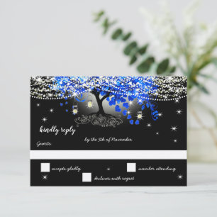 Tarjeta De Confirmación De Asistencia Árbol de hoja de corazón azul real en boda negra