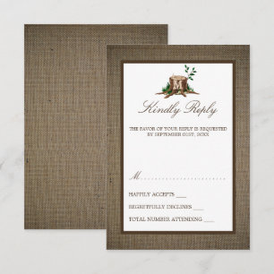 Tarjeta De Confirmación De Asistencia Árbol de monograma rústico y Boda Burlap
