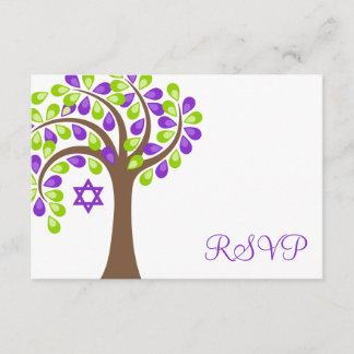 Tarjeta De Confirmación De Asistencia Árbol moderno de vida Morado Verde Bat Mitzvah RSV