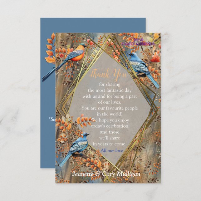 Tarjeta De Confirmación De Asistencia Árboles altos, hojas otoñales y aves azules. (Anverso / Reverso)