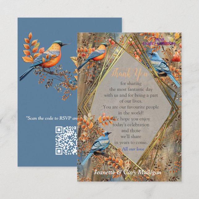 Tarjeta De Confirmación De Asistencia Árboles altos, hojas otoñales y aves azules. (Anverso / Reverso)