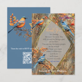 Tarjeta De Confirmación De Asistencia Árboles altos, hojas otoñales y aves azules.