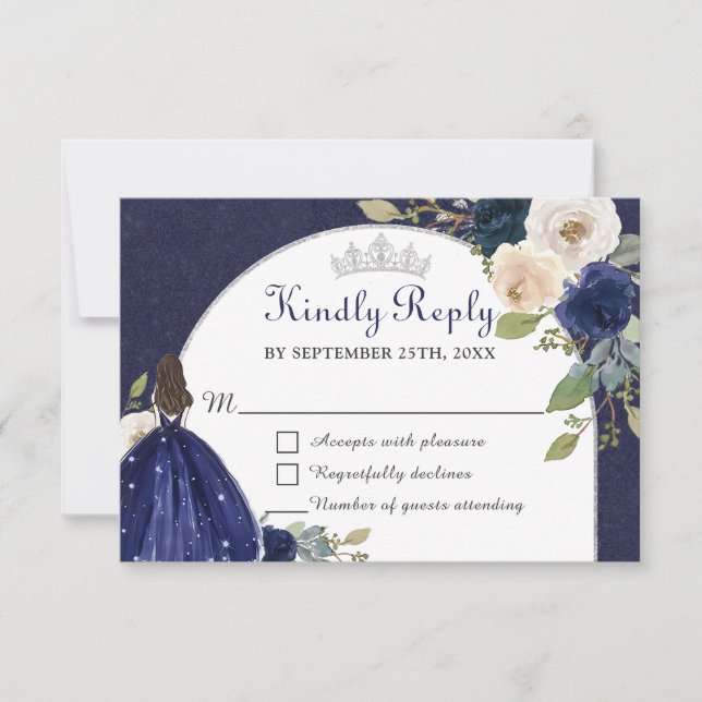 Tarjeta De Confirmación De Asistencia Arco floral azul marino Quinceañera Princess (Anverso)