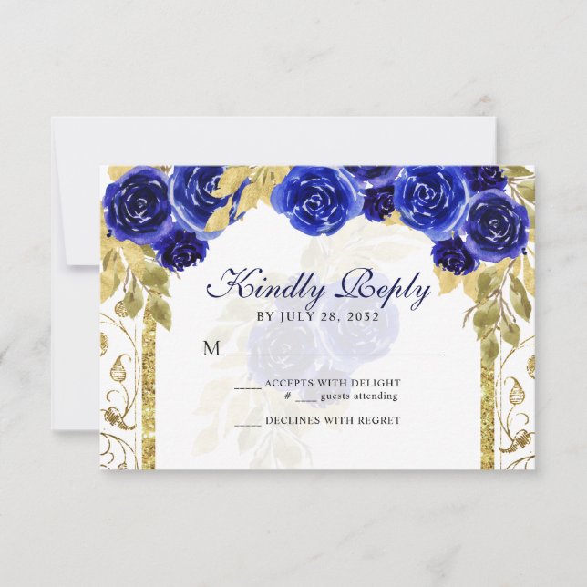 Tarjeta De Confirmación De Asistencia Arco floral real azul de oro Quinceañera (Anverso)