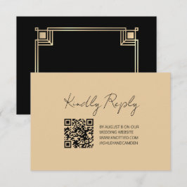 Tarjeta De Confirmación De Asistencia Art Deco Gold Frame QR Code Wedding Response Card