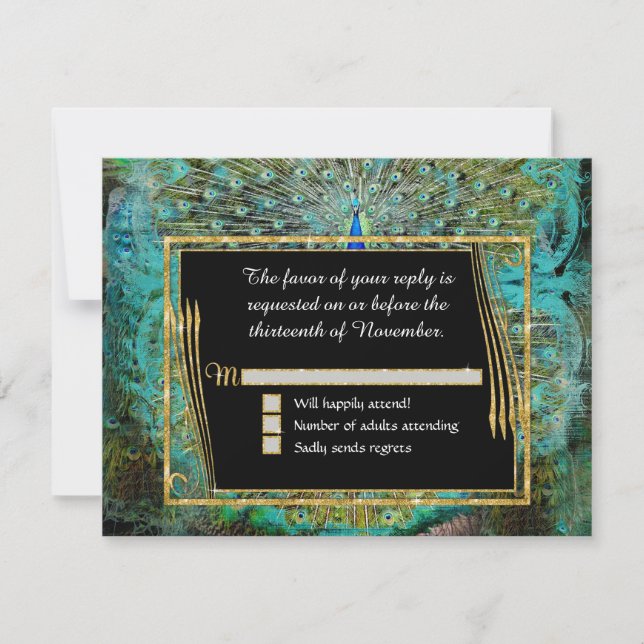 Tarjeta De Confirmación De Asistencia Art Deco Peacock Glam Old Hollywood Regency (Anverso)