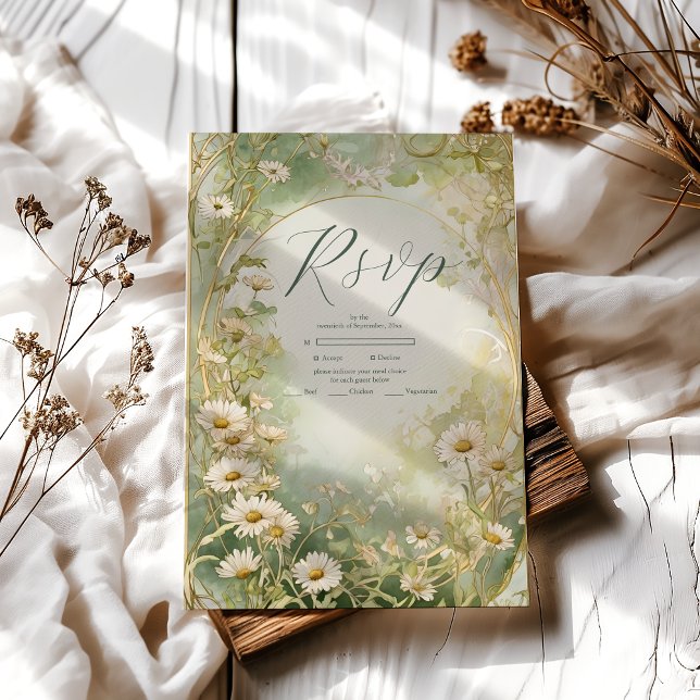 Tarjeta De Confirmación De Asistencia Art Nouveau Daisies Ivory Green Boda (Subido por el creador)