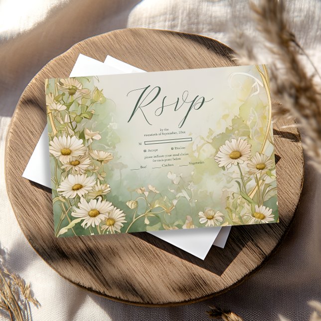 Tarjeta De Confirmación De Asistencia Art Nouveau Daisies Ivory Green Boda (Subido por el creador)