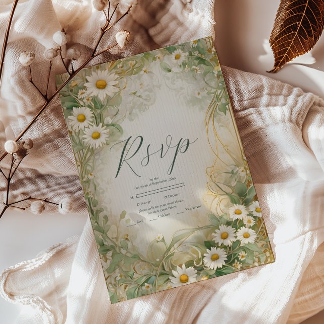 Tarjeta De Confirmación De Asistencia Art Nouveau Daisies Ivory Green Boda (Subido por el creador)
