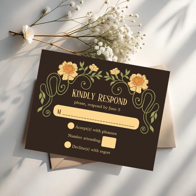 Tarjeta De Confirmación De Asistencia Art nouveau dark brown elegant wedding (Art nouveau dark brown flower arch elegant wedding invitation RSVP cards moody noir dark invitations)