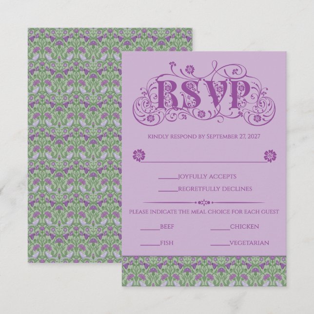 Tarjeta De Confirmación De Asistencia Art Nouveau Elegant Lovebirds Purple (Anverso / Reverso)
