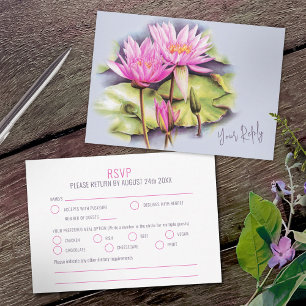Tarjeta De Confirmación De Asistencia arte botánico de nenúfar rosa púrpura azul boda