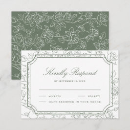 Tarjeta De Confirmación De Asistencia Arte de línea floral verde sabio victoriano Boda