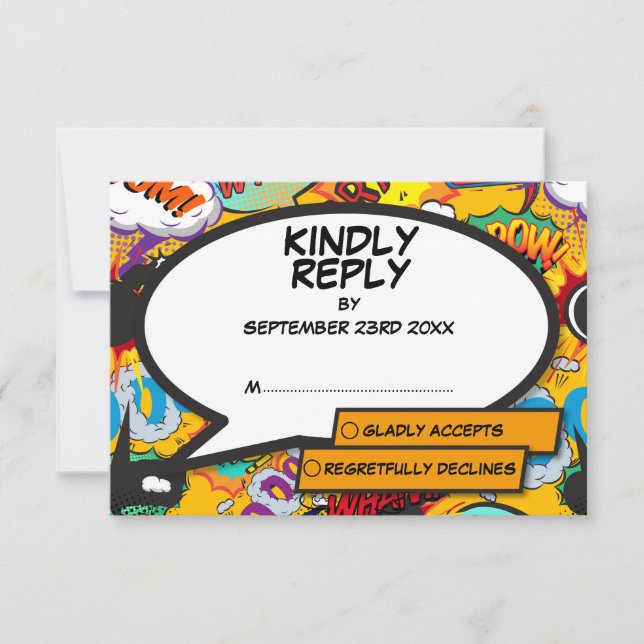 Tarjeta De Confirmación De Asistencia Arte Pop de Cómic Divertido Moderno (Anverso)