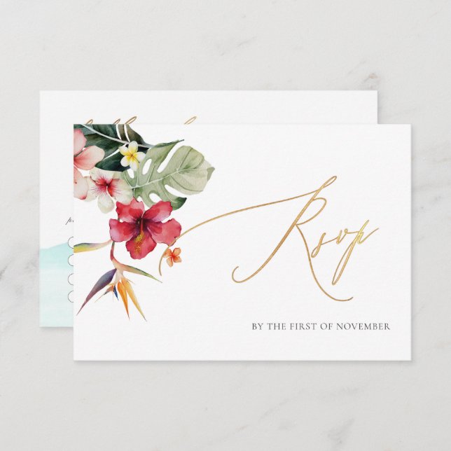 Tarjeta De Confirmación De Asistencia ArtsApp Paraíso Shore Faux Gold Caligrafía (Anverso / Reverso)