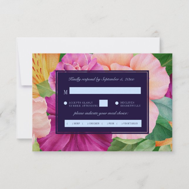 Tarjeta De Confirmación De Asistencia Audaz acuarela Floral Rosa Boda Elección de Comida (Anverso)