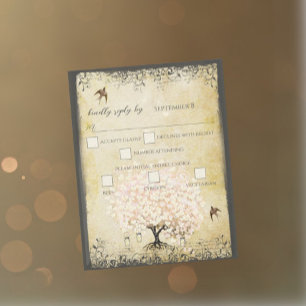 Tarjeta De Confirmación De Asistencia Aves vinícolas de árbol rosado de hoja cardíaca RS