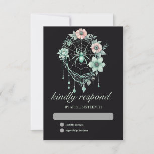 Tarjeta De Confirmación De Asistencia Ayuno web de araña floral de menta verde gótica