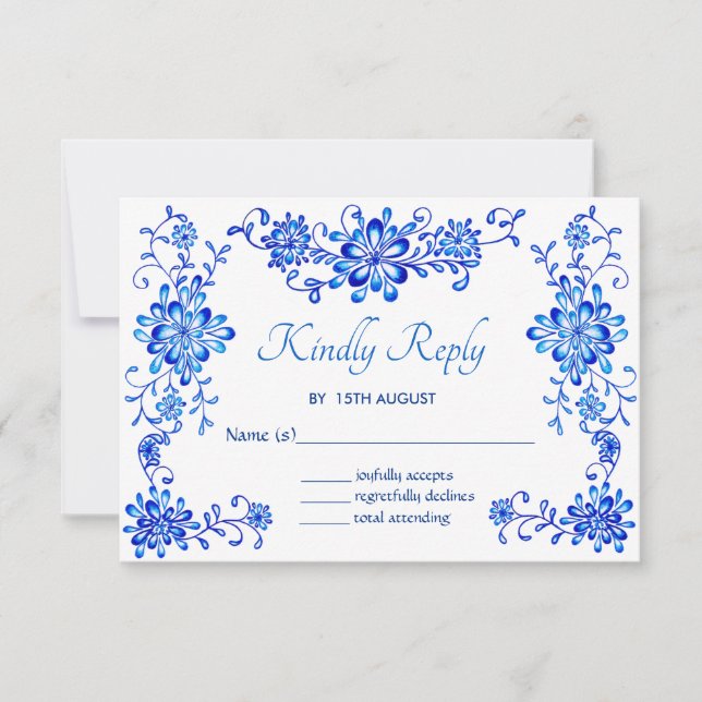 Tarjeta De Confirmación De Asistencia Azul acuarela Floral Garland Boda (Anverso)