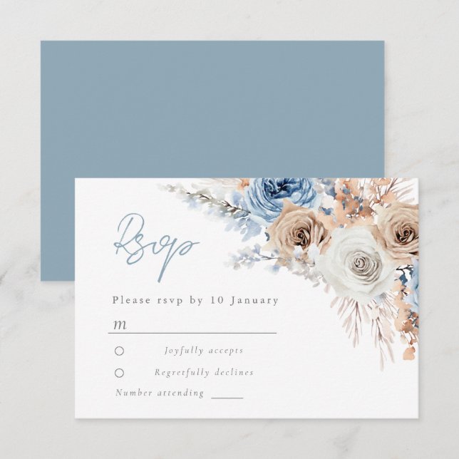 Tarjeta De Confirmación De Asistencia Azul Boho: Boda floral azul turbio (Anverso / Reverso)