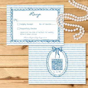 Tarjeta De Confirmación De Asistencia Azul caprichoso Boda de raya de acuarela QR