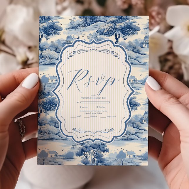 Tarjeta De Confirmación De Asistencia Azul Chinoiserie Porcelana Boda Peony Botánico (Subido por el creador)