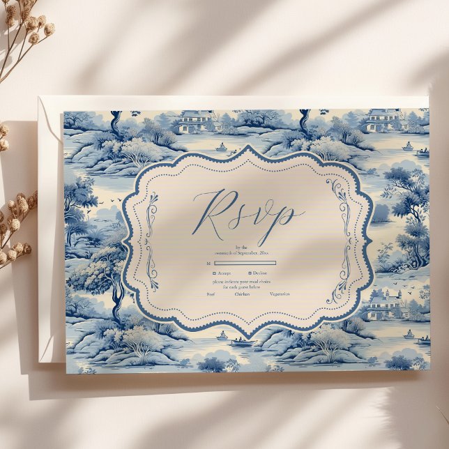 Tarjeta De Confirmación De Asistencia Azul Chinoiserie Porcelana Boda Peony Botánico (Subido por el creador)