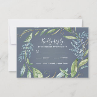 Tarjeta De Confirmación De Asistencia Azul color de agua Eucalyptus Greenery Wreath Boda