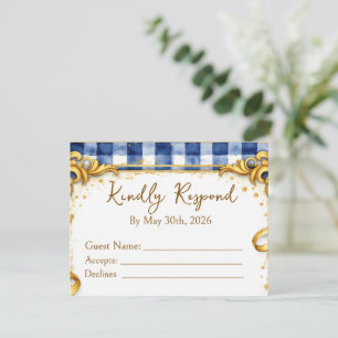 Tarjeta De Confirmación De Asistencia Azul Gingham Blanco Oro Lujo Moderno Chic Tendente