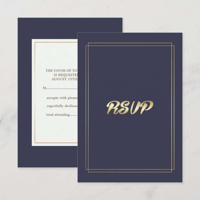 Tarjeta De Confirmación De Asistencia Azul marino elegante | Boda de oro (Anverso / Reverso)