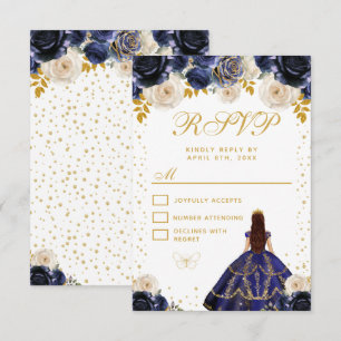 Tarjeta De Confirmación De Asistencia Azul Marino Floral Princesa Quinceañera