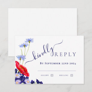 Tarjeta De Confirmación De Asistencia Azul Marino Moderno Elegante Floral Verano Boda