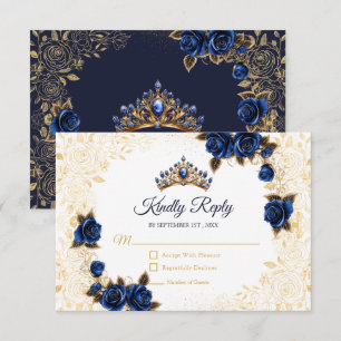 Tarjeta De Confirmación De Asistencia Azul Marino Tiara Dorada Floral Rosa Quinceañera