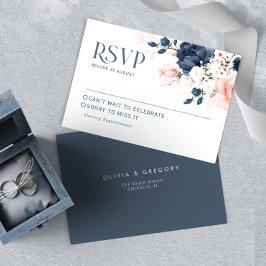 Tarjeta De Confirmación De Asistencia Azul marino y Boda de flores rosadas de Rubor RS